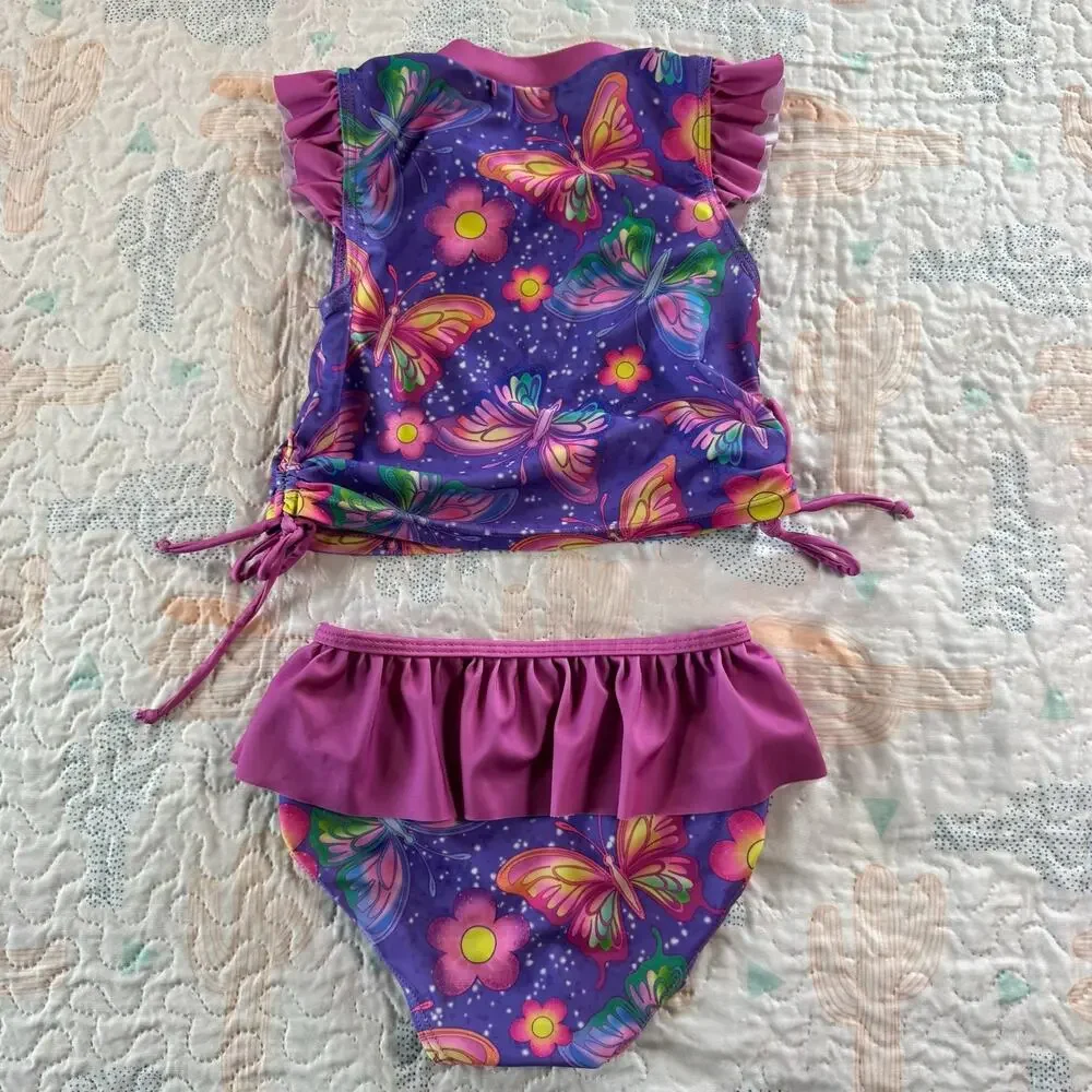 Girls 2 Piece Swimsuit Size 4Y Butterfly Tankini Ruffle Bottom